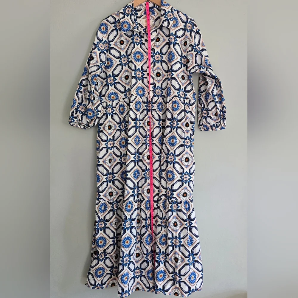 Anthropologie Maeve The Bettina in Sapphire White Tile Tiered Shirt Dress, Large - Picture 11 of 13
